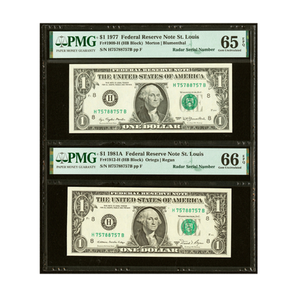 US $1 Matching Radar Serial Number Pair – 1977 & 1981A Fr#1909-H | Fr#1912-H Federal Reserve Notes PMG 65/66 Gem Uncirculated EPQ