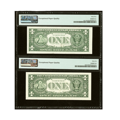 US $1 1981–2001 Fr#1911-H | Fr#1926-H Federal Reserve Note Matching Repeater Serial Number Pair PMG 65/66 Gem Uncirculated EPQ