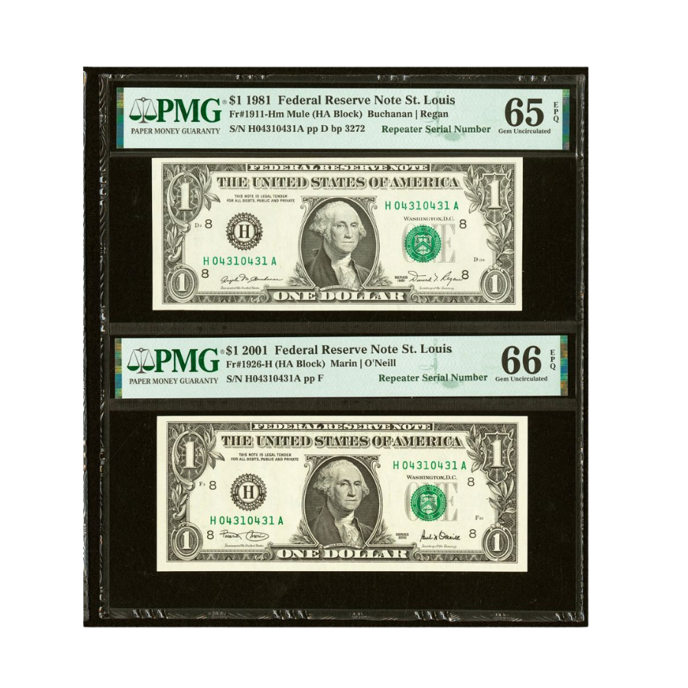 US $1 1981–2001 Fr#1911-H | Fr#1926-H Federal Reserve Note Matching Repeater Serial Number Pair PMG 65/66 Gem Uncirculated EPQ
