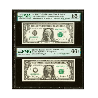 US $1 1981–2001 Fr#1911-H | Fr#1926-H Federal Reserve Note Matching Repeater Serial Number Pair PMG 65/66 Gem Uncirculated EPQ