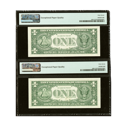 US $1 Matching Serial Number Pair – 1974 & 1977 Fr#1908-J* | Fr#1909-J* Federal Reserve Notes PMG 67 Superb Gem Uncirculated EPQ