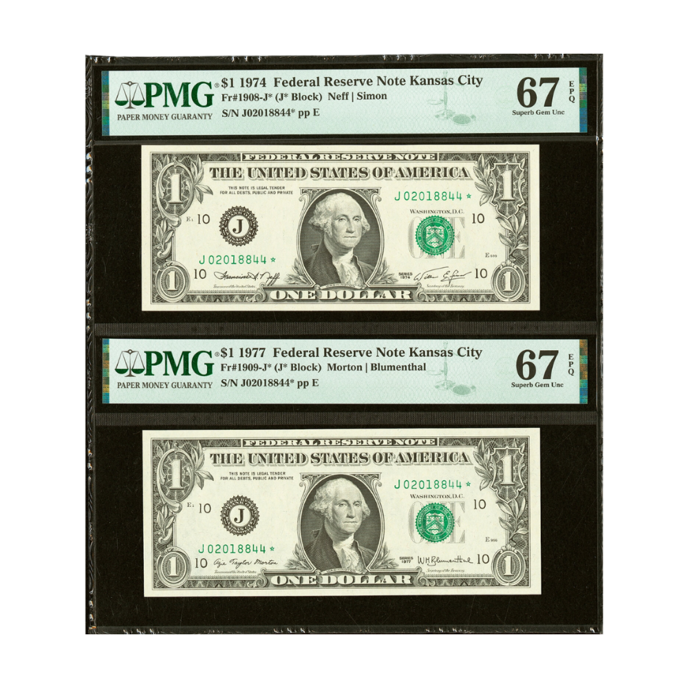 US $1 Matching Serial Number Pair – 1974 & 1977 Fr#1908-J* | Fr#1909-J* Federal Reserve Notes PMG 67 Superb Gem Uncirculated EPQ