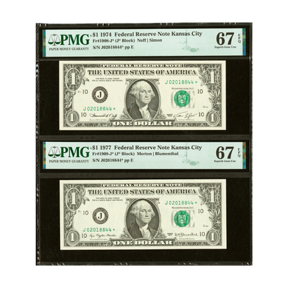 US $1 Matching Serial Number Pair – 1974 & 1977 Fr#1908-J* | Fr#1909-J* Federal Reserve Notes PMG 67 Superb Gem Uncirculated EPQ