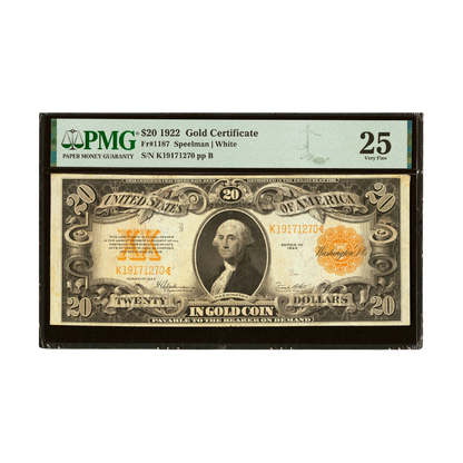 US $20 1922 Fr#1187 Gold Certificate PMG 25 Very Fine