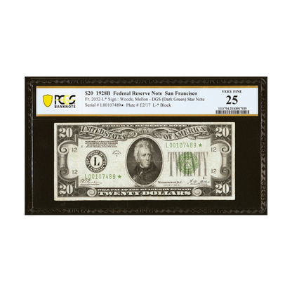 US $20 1928B Fr#2052-L★ Federal Reserve Note Star Note PCGS 25 Very Fine