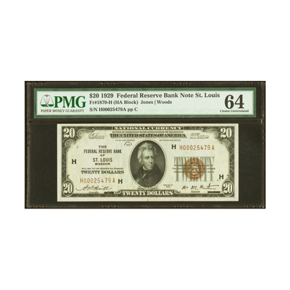 US $20 1929 Fr#1870-H Federal Reserve Bank Note PMG 64 Choice UNC