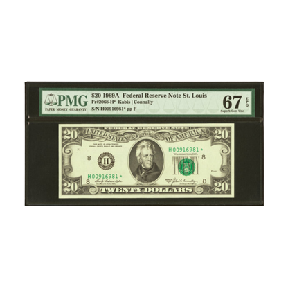 US $20 1969A Fr#2068-H★ Federal Reserve Note Star Note PMG 67 Superb Gem Unc EPQ