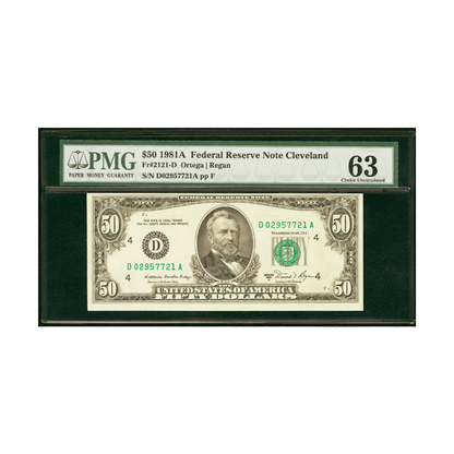 US $50 1981A Federal Reserve Note Cleveland PMG Choice UNC 63