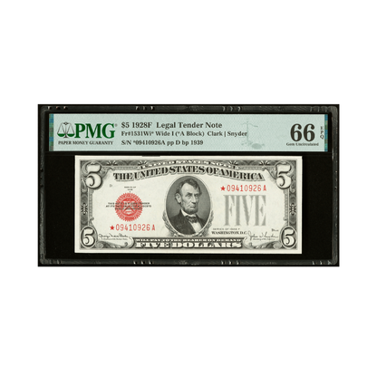 US $5 Fr. 1531Wi* 1928F Wide I Legal Tender Star Note PMG Gem Uncirculated 66 EPQ