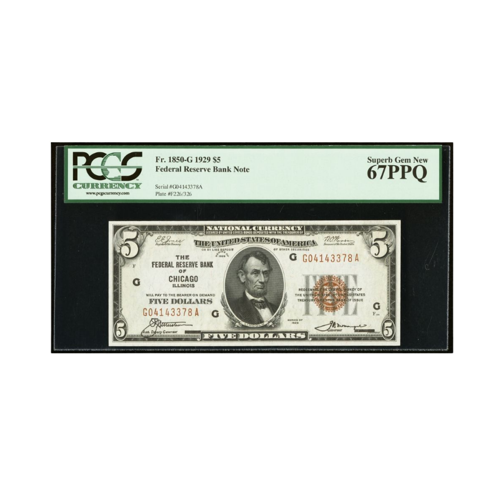 US $5 1929 Fr#1850-G Federal Reserve Bank Note Chicago PCGS 67 Superb Gem New PPQ
