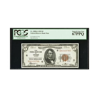 US $5 1929 Fr#1850-G Federal Reserve Bank Note Chicago PCGS 67 Superb Gem New PPQ