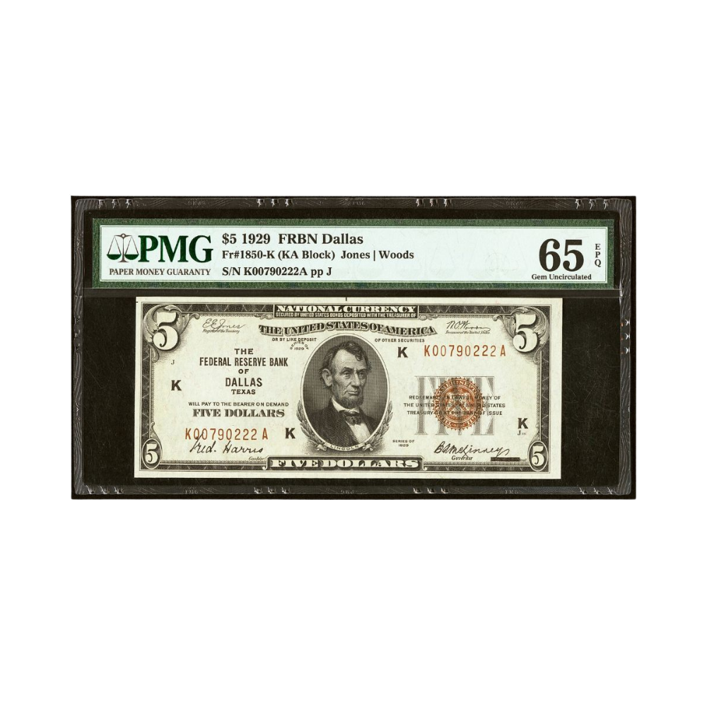 US $5 1929 Fr#1850-K Federal Reserve Bank Note Dallas PMG 65 Gem Uncirculated EPQ