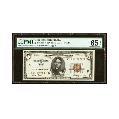 US $5 1929 Fr#1850-K Federal Reserve Bank Note Dallas PMG 65 Gem Uncirculated EPQ