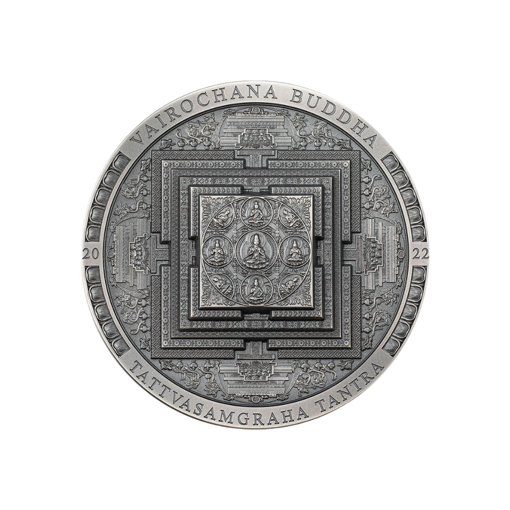 VAIROCHANA BUDDHA MANDALA Archeology Symbolism Antiqued 3 Oz Silver Coin 2000 Togrog Mongolia 2022