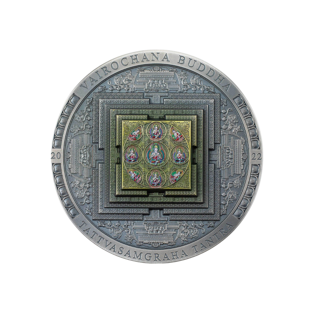 VAIROCHANA BUDDHA MANDALA Archeology Symbolism Colored 3 Oz Silver Coin 2000 Togrog Mongolia 2022