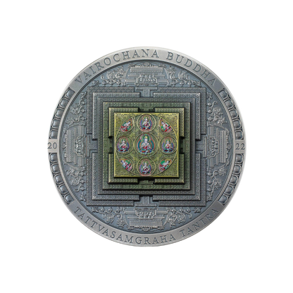 VAIROCHANA BUDDHA MANDALA Archeology Symbolism Colored 3 Oz Silver Coin 2000 Togrog Mongolia 2022