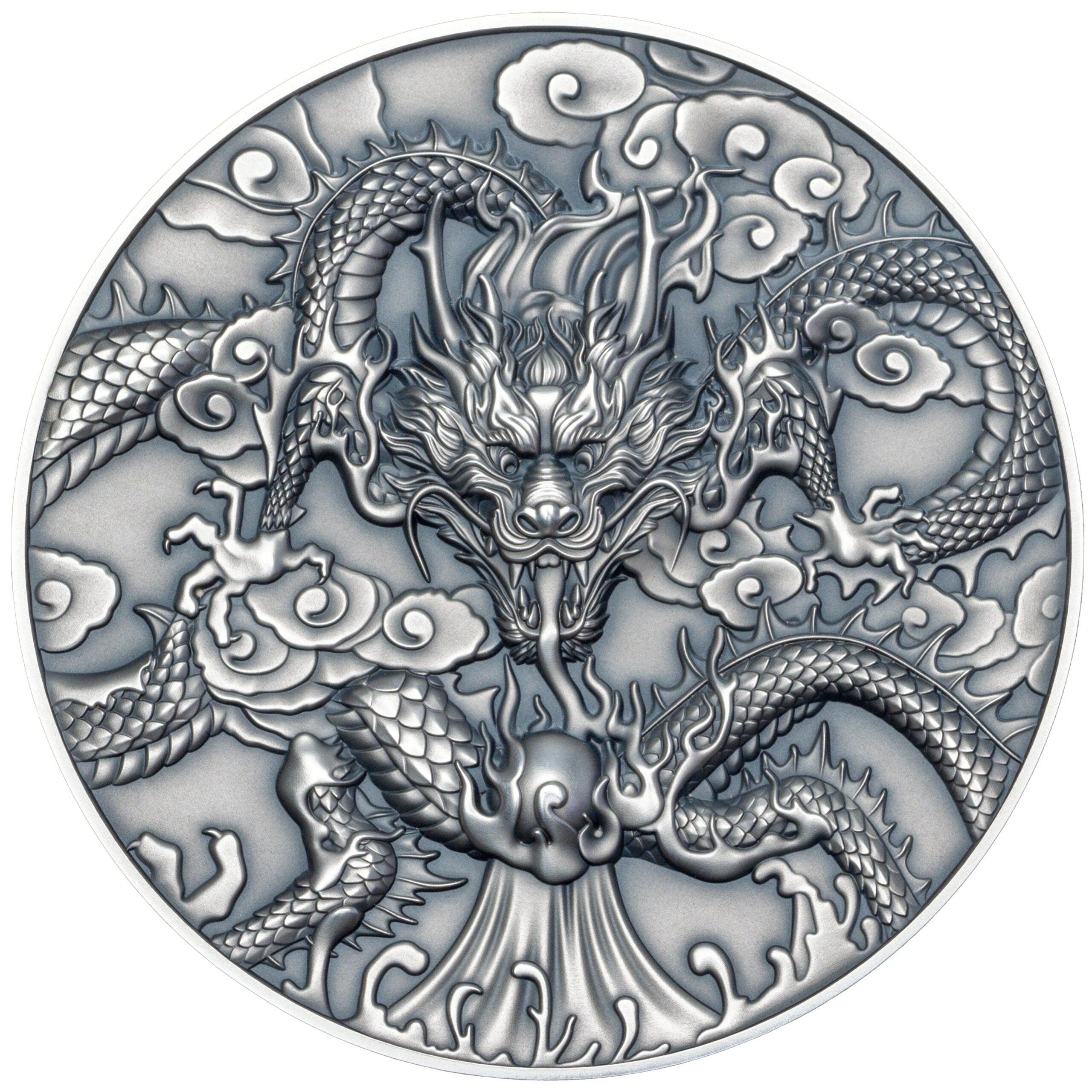 CHINESE DRAGON ART Antiqued 5 Oz Silver Coin $10 Niue 2024 - PARTHAVA COIN