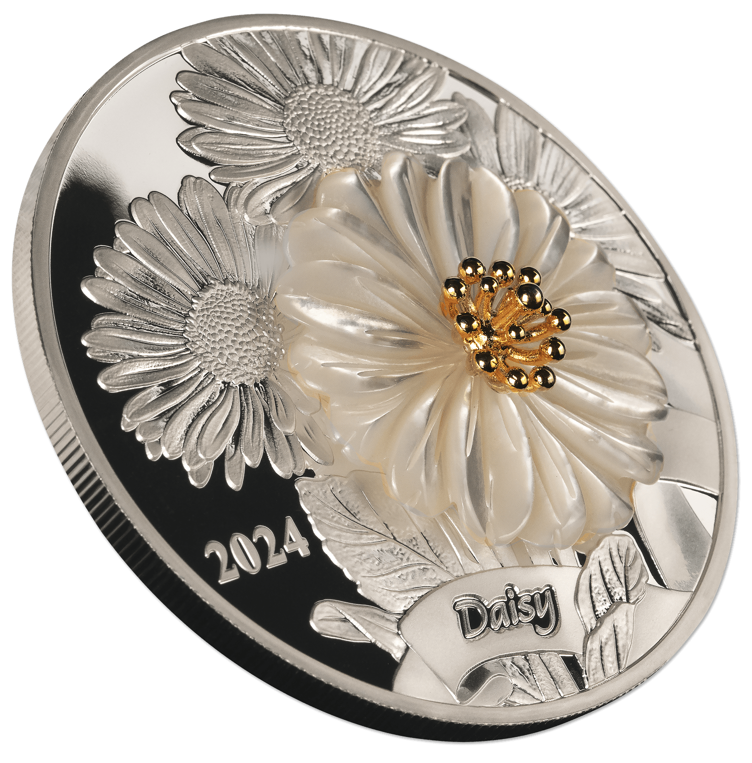 DAISY Flower 3D Mother of Pearl 2 Oz Silver Coin $5 Solomon Islands 2024 - PARTHAVA COIN