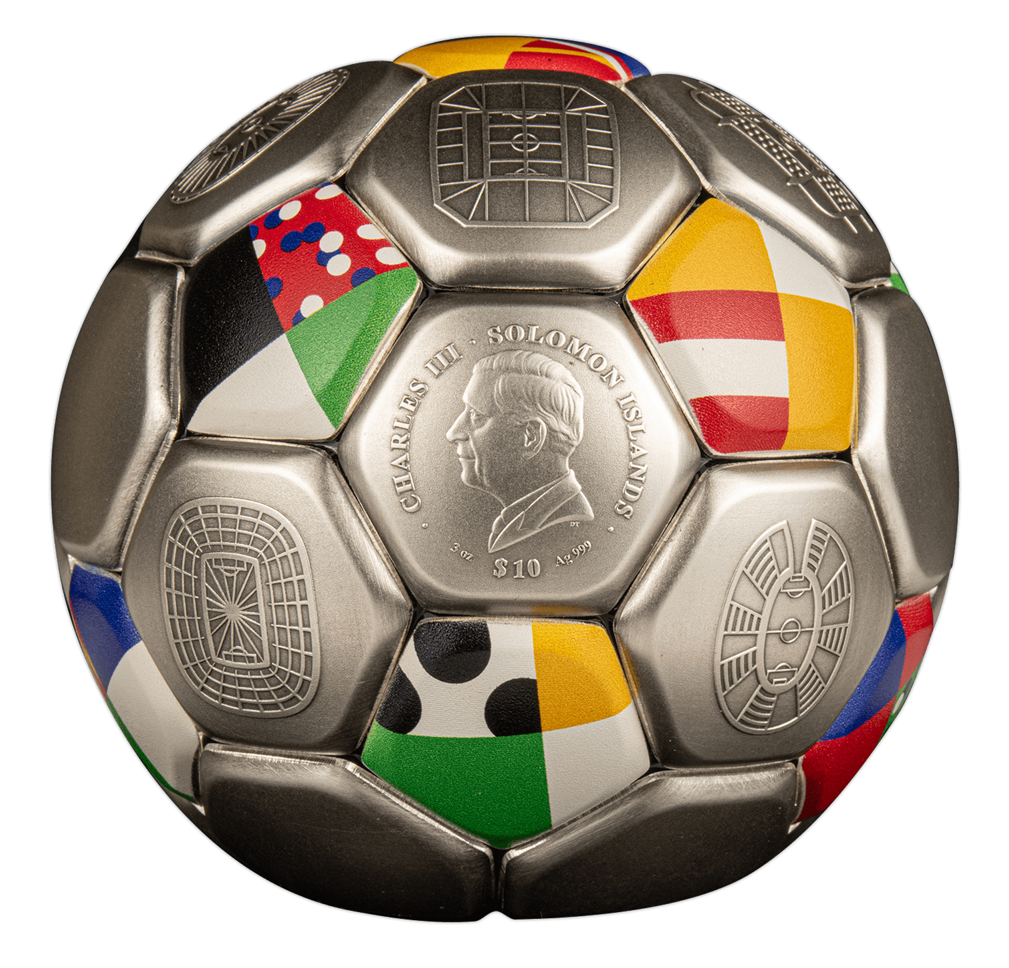FOOTBALL UEFA EURO Spherical 3 Oz Silver Coin $10 Solomon Islands 2024 - PARTHAVA COIN