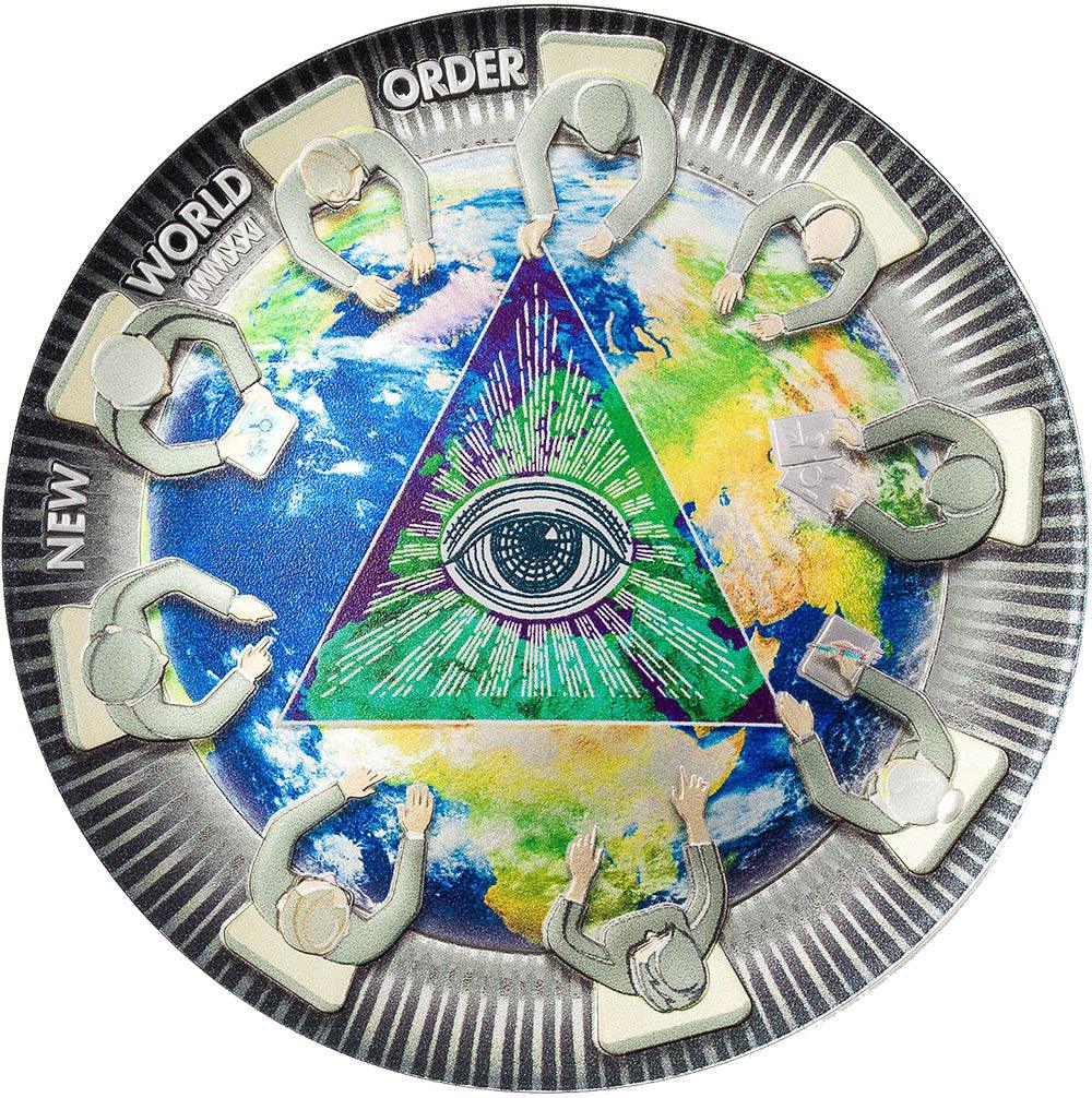 NEW WORLD ORDER Great Conspiracies 2 Oz Silver Coin $10 Palau 2021 - PARTHAVA COIN