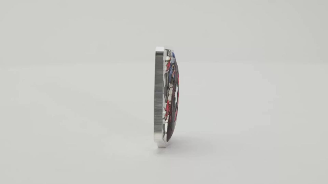 Load video: Marvel Captain America &#39;Clang&#39; 2 Oz Silver Coin video agoro