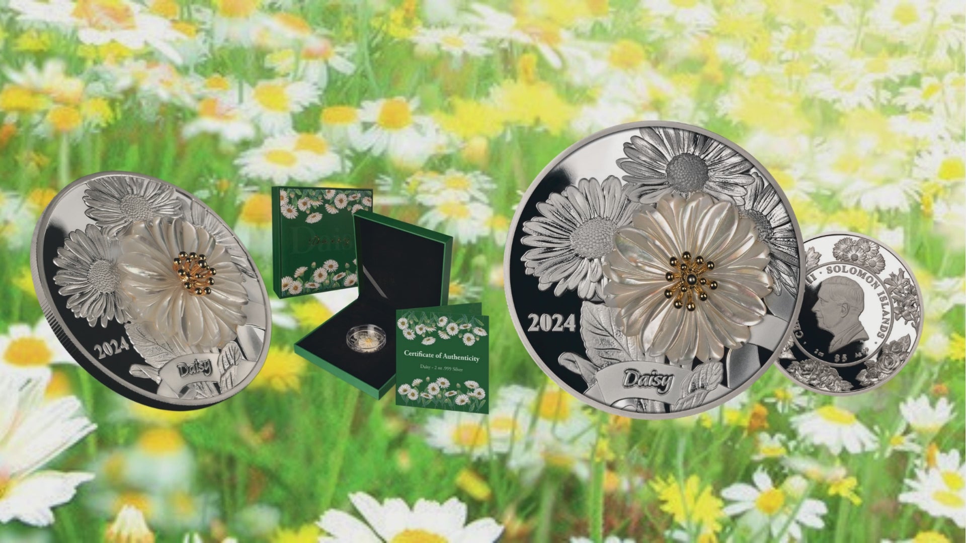 DAISY Flower 3D Mother of Pearl 2 Oz Silver Coin $5 Solomon