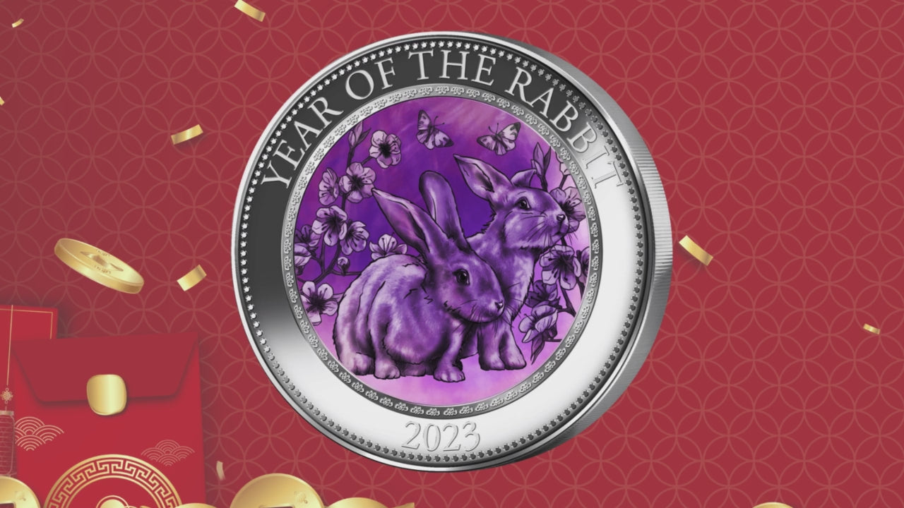 RABBIT Mother of Pearl Lunar Year 5 Oz Silver Coin $25 Cook