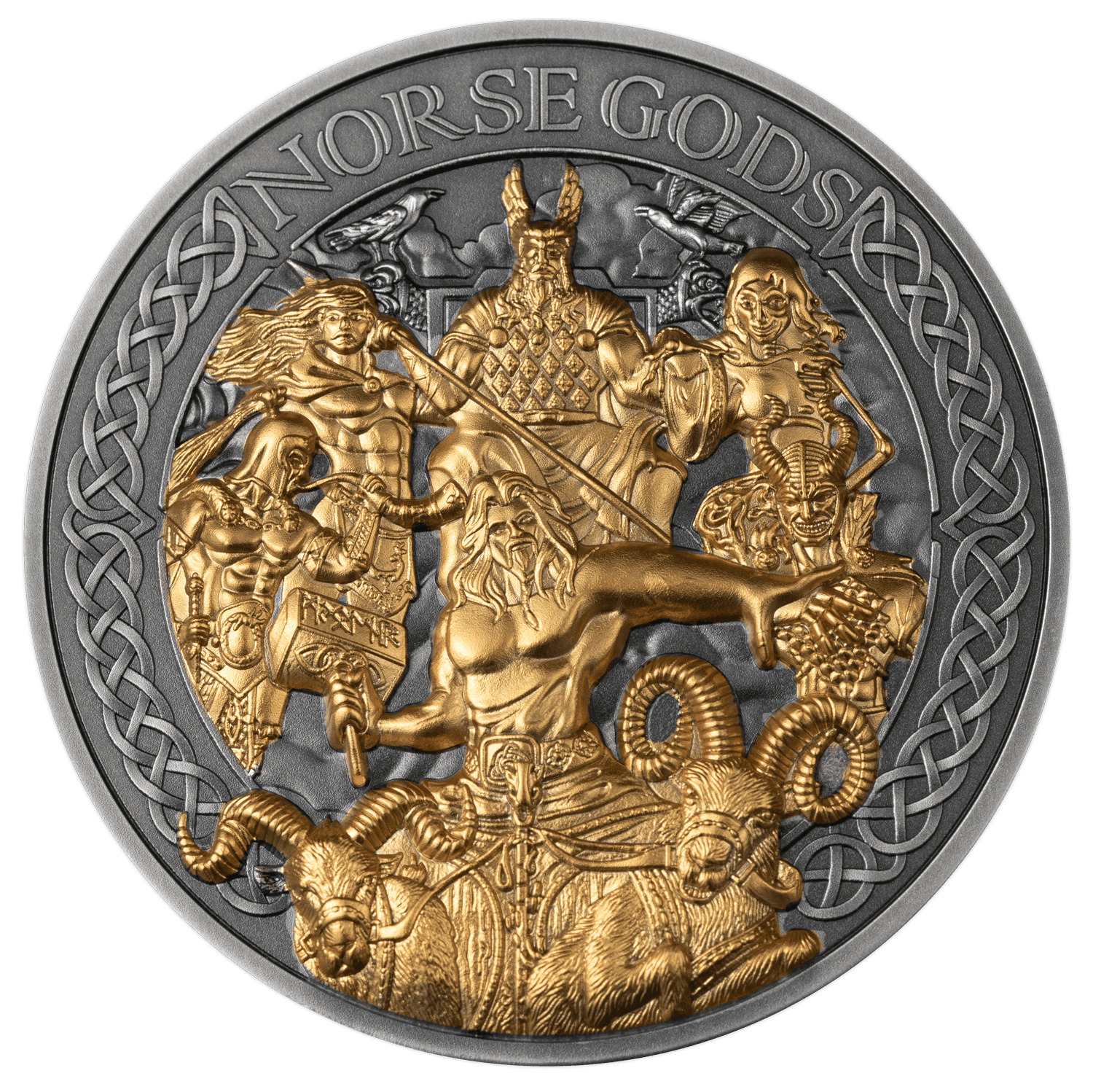 THE AESIR Norse Gods Gold Plating 5 Oz Silver Coin $25 Cook Islands 2024 - PARTHAVA COIN
