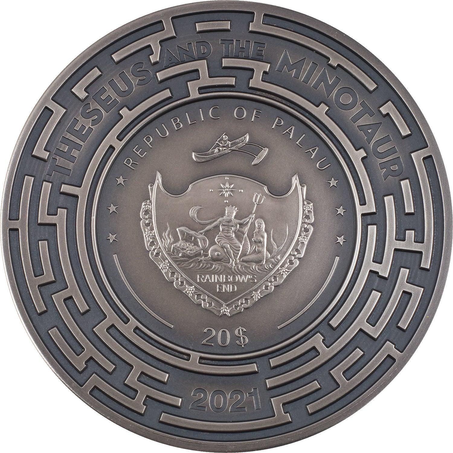 THESEUS AND THE MINOTAUR Evil Within 3 Oz Silver Coin $20 Palau 2021 - PARTHAVA COIN