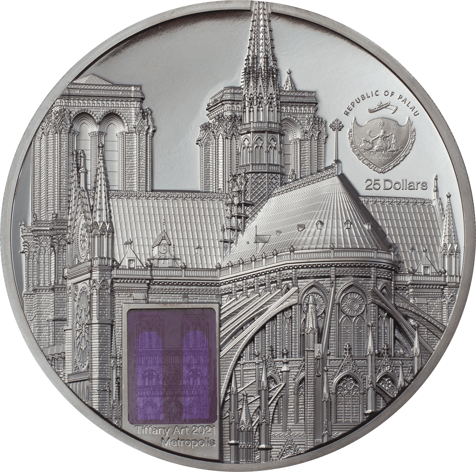 NOTRE DAME DE PARIS Tiffany Art 5 Oz Silver Coin $25 Palau 2021 - PARTHAVA COIN