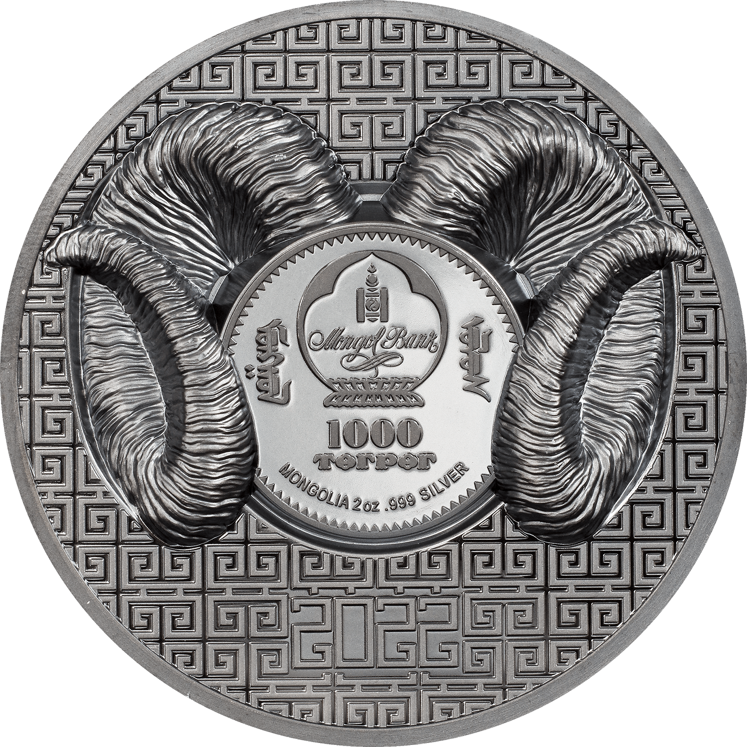 MAGNIFICENT ARGALI Ram 2 Oz Silver Coin 1000 Togrog Mongolia 2022 - PARTHAVA COIN