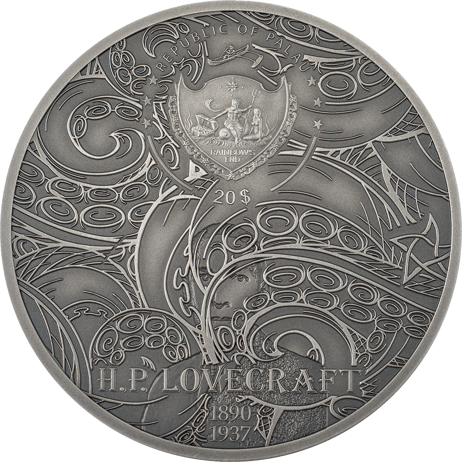 CTHULHU Howard Phillips Lovecraft 3 Oz Silver Coin $20 Palau 2022 - PARTHAVA COIN