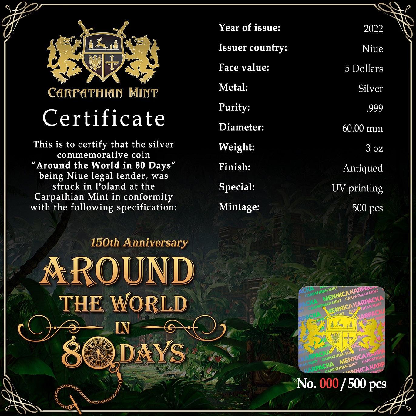 AROUND THE WORLD IN 80 DAYS 150th Anniversary 3 Oz Silver Coin $5 Niue 2022 - PARTHAVA COIN