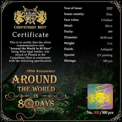 AROUND THE WORLD IN 80 DAYS 150th Anniversary 3 Oz Silver Coin $5 Niue 2022 - PARTHAVA COIN