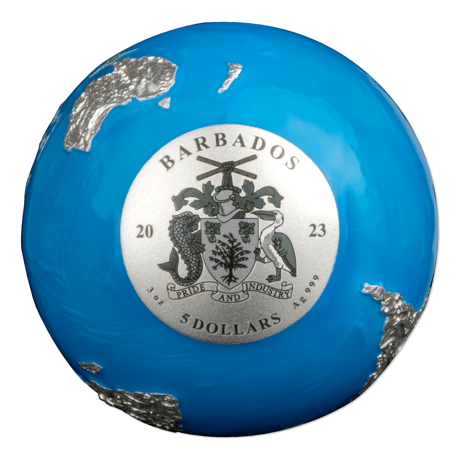 BLUE MARBLE Glow in the Dark Spherical 3 Oz Silver Coin $5 Barbados 2023 - PARTHAVA COIN