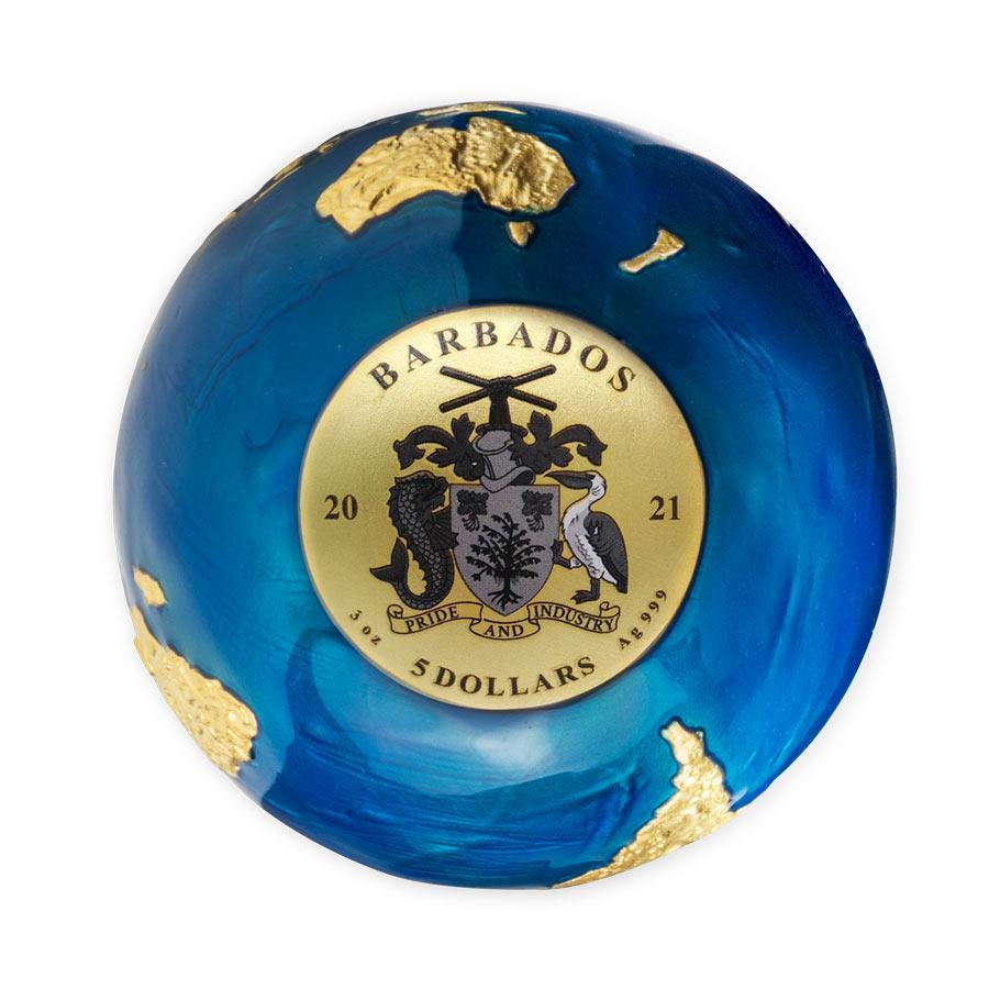 BLUE MARBLE Gold Plating Planet Earth Spherical 3 Oz Silver Coin $5 Barbados 2021 - PARTHAVA COIN