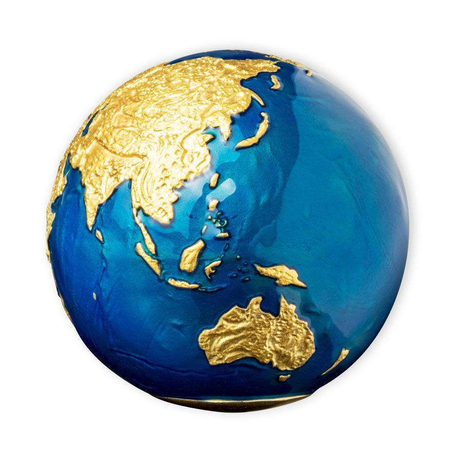 BLUE MARBLE Gold Plating Planet Earth Spherical 3 Oz Silver Coin $5 Barbados 2021 - PARTHAVA COIN