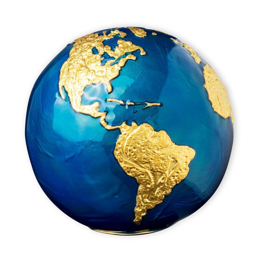 BLUE MARBLE Gold Plating Planet Earth Spherical 3 Oz Silver Coin $5 Barbados 2021 - PARTHAVA COIN
