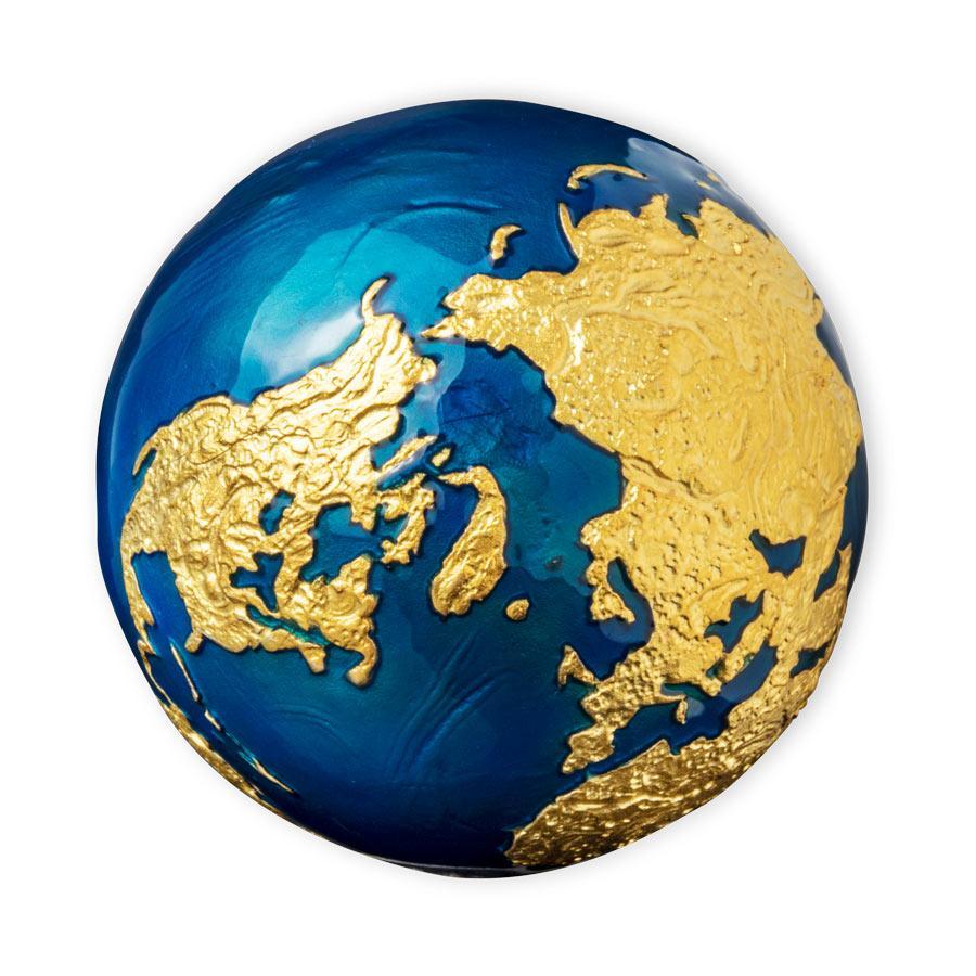 BLUE MARBLE Gold Plating Planet Earth Spherical 3 Oz Silver Coin $5 Barbados 2021 - PARTHAVA COIN