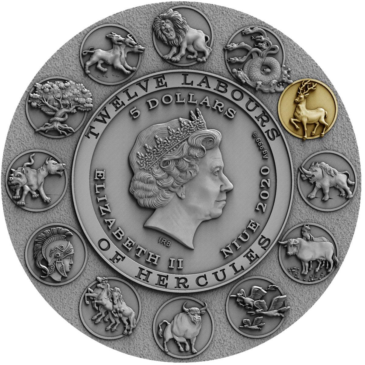 CERYNEIAN HIND Twelve Labours of Hercules 2 Oz Silver Coin 5$ Niue 2020 - PARTHAVA COIN