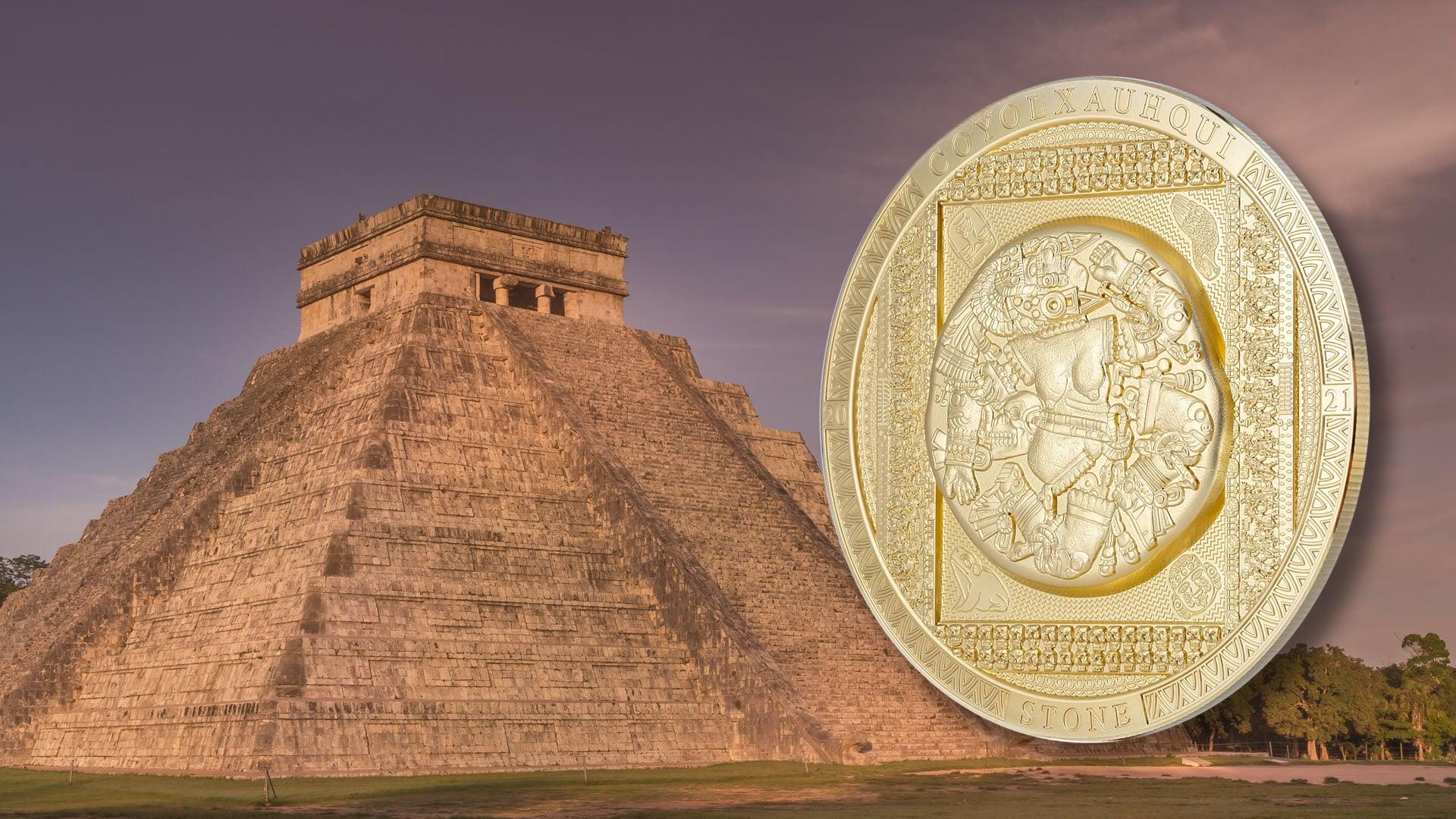 COYOLXAUHQUI STONE Gilded Archeology Symbolism 3 Oz Silver Coin 20$ Cook Island 2021 - PARTHAVA COIN