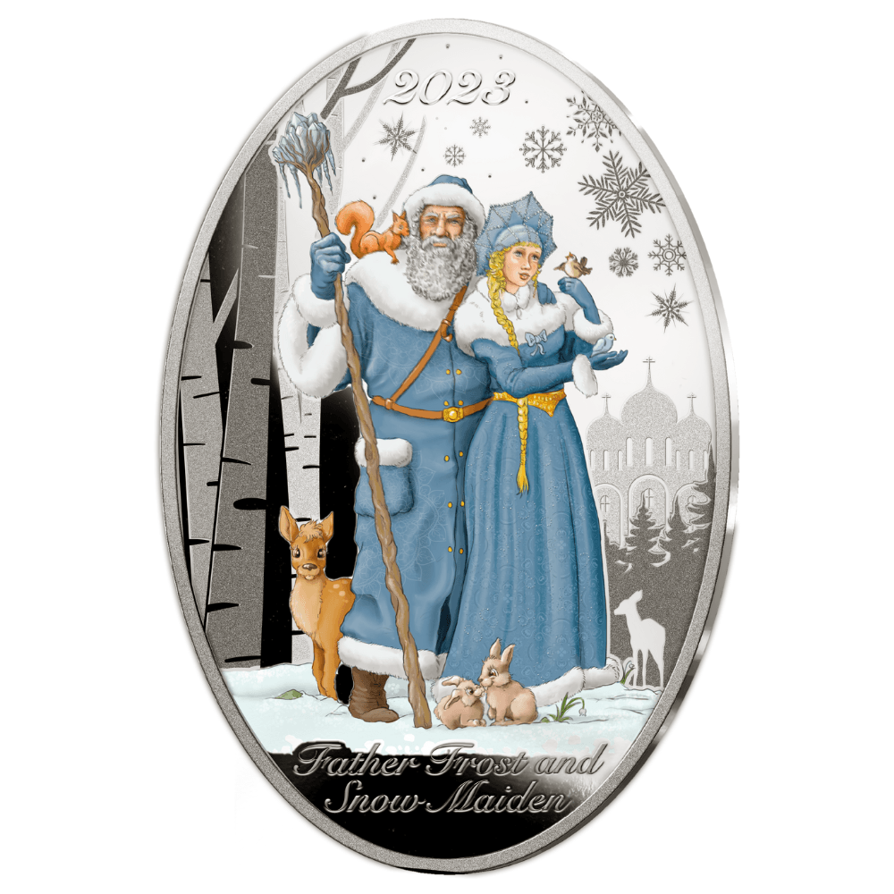 FATHER FROST SNOW MAIDEN Matrioshka Doll 1 Oz Silver Coin $5 Solomon Islands 2023 - PARTHAVA COIN