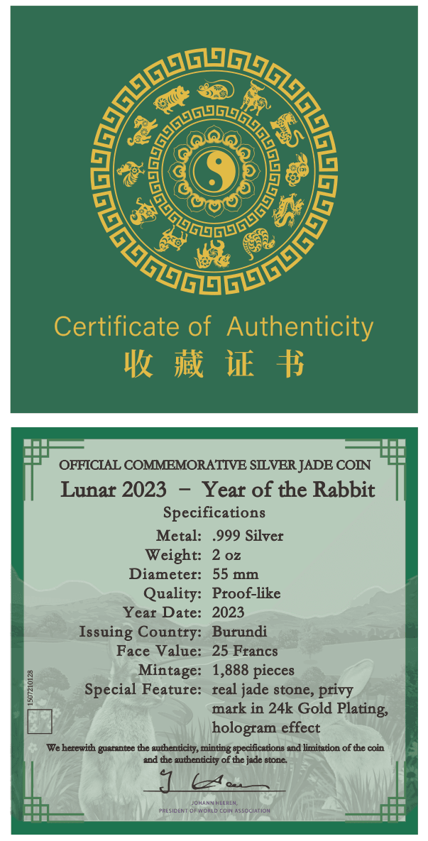 RABBIT Jade Chinese Lunar Year 2 Oz Silver Coin 25 Francs Burundi 2023 - PARTHAVA COIN