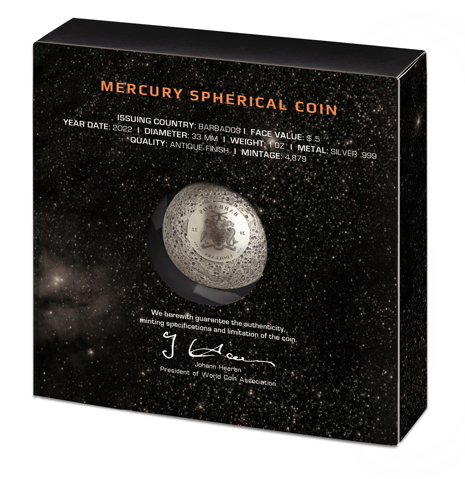 SPHERICAL MERCURY 3D Planet 1 Oz Silver Coin $5 Barbados 2022 - PARTHAVA COIN