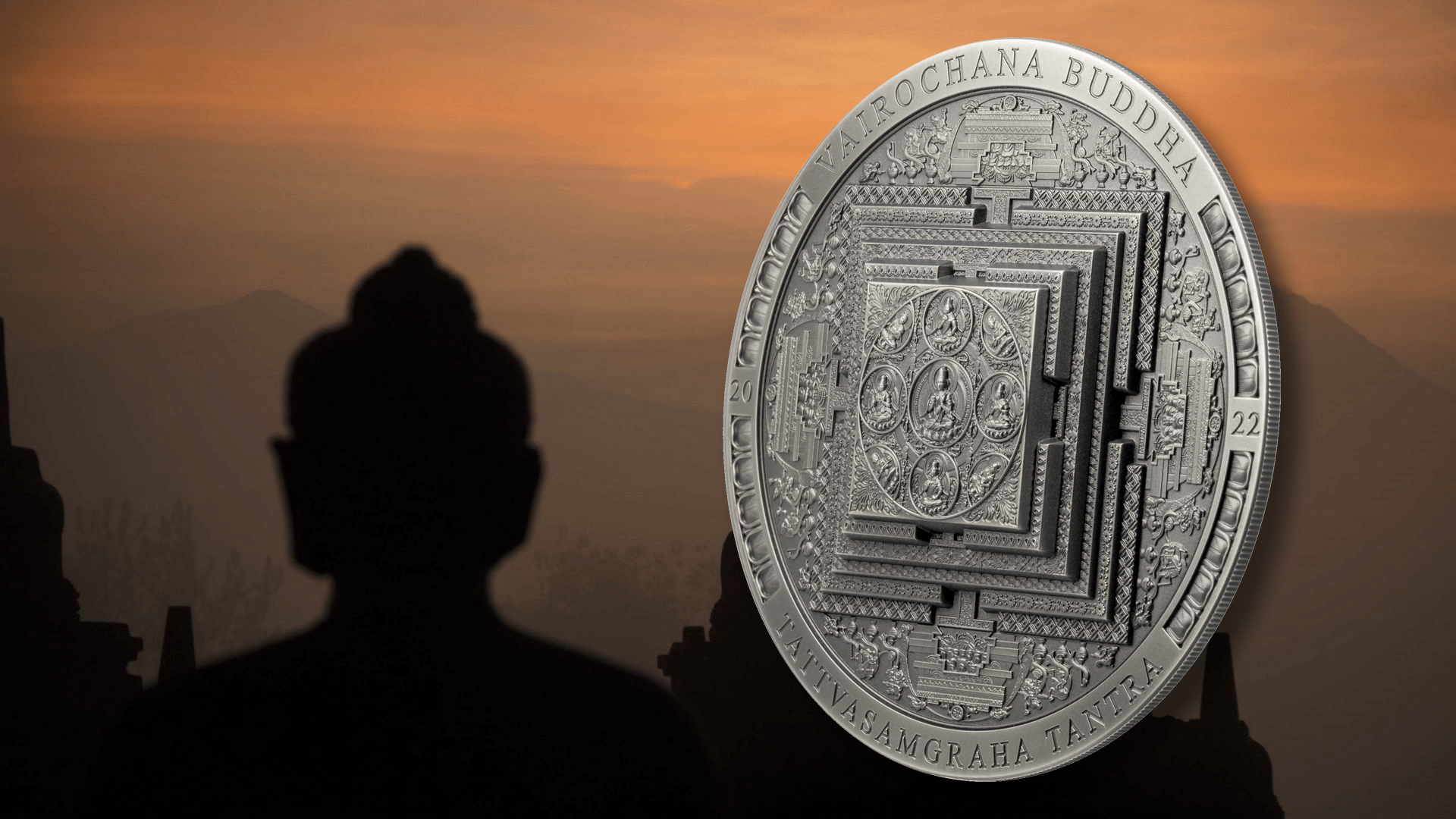 VAIROCHANA BUDDHA MANDALA Archeology Symbolism Antiqued 3 Oz Silver Coin 2000 Togrog Mongolia 2022 - PARTHAVA COIN