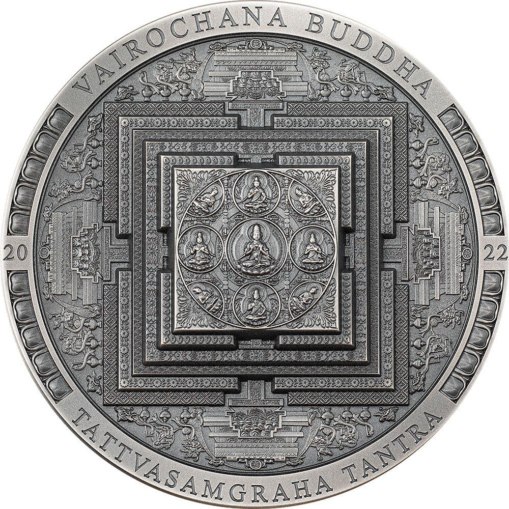 VAIROCHANA BUDDHA MANDALA Archeology Symbolism Antiqued 3 Oz Silver Coin 2000 Togrog Mongolia 2022 - PARTHAVA COIN