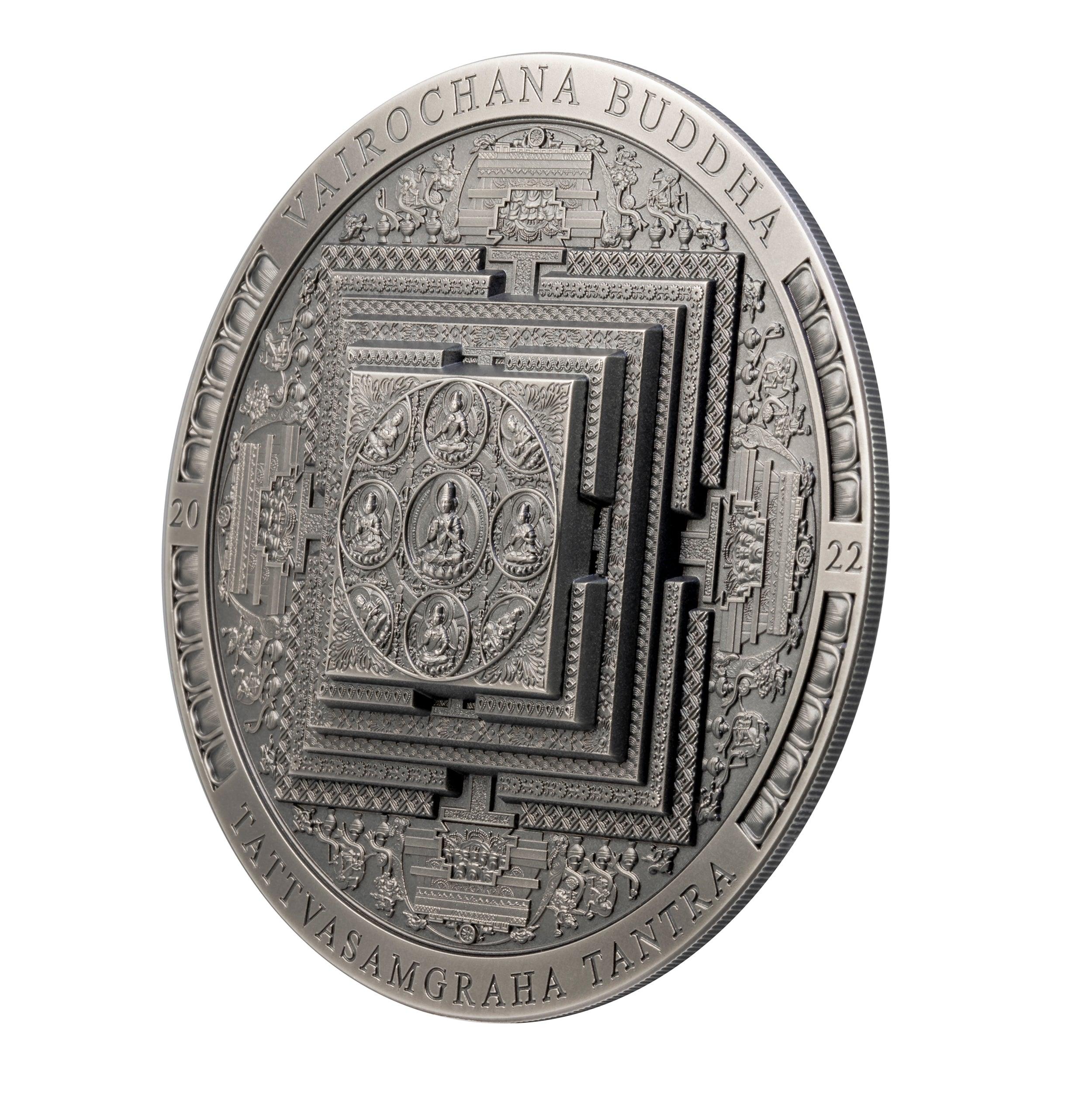VAIROCHANA BUDDHA MANDALA Archeology Symbolism Antiqued 3 Oz Silver Coin 2000 Togrog Mongolia 2022 - PARTHAVA COIN