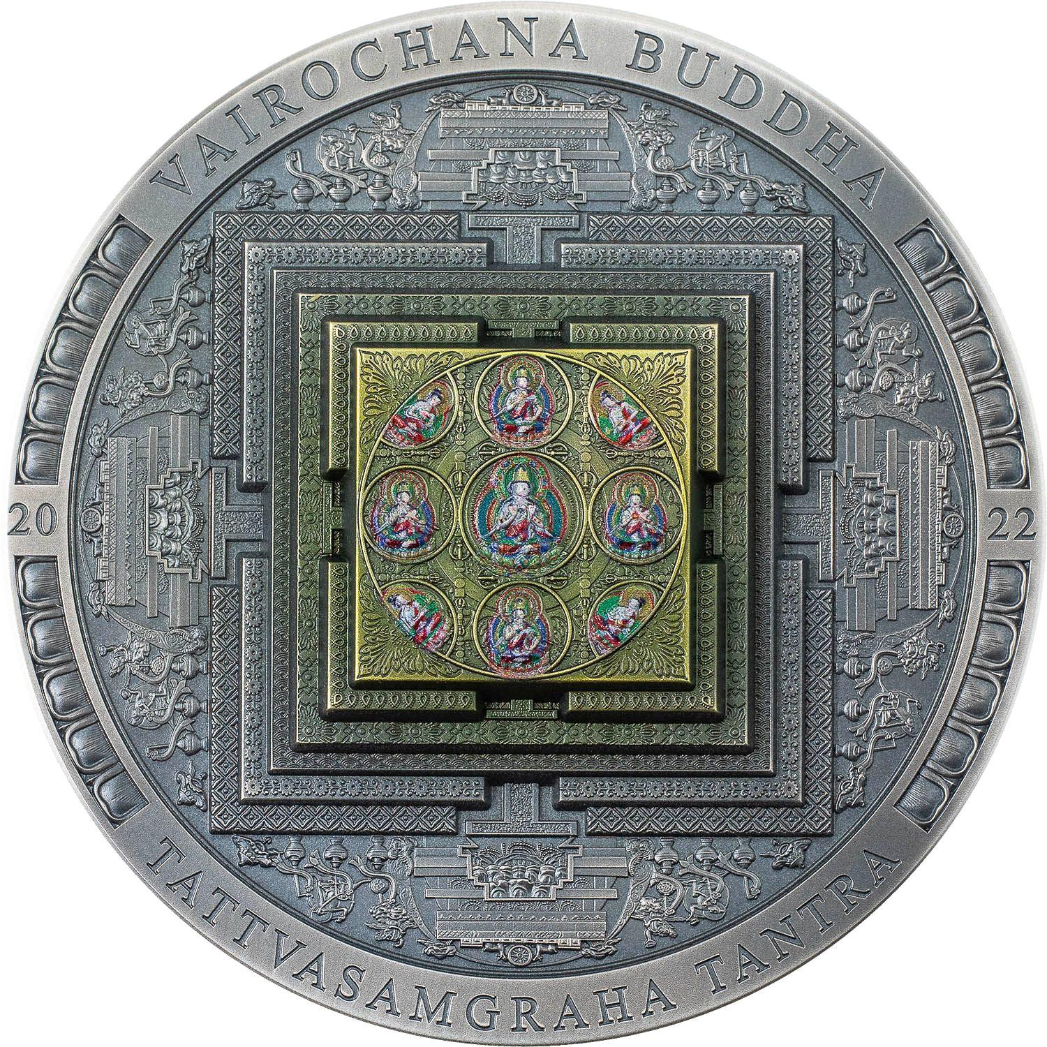 VAIROCHANA BUDDHA MANDALA Archeology Symbolism Colored 3 Oz Silver Coin 2000 Togrog Mongolia 2022 - PARTHAVA COIN