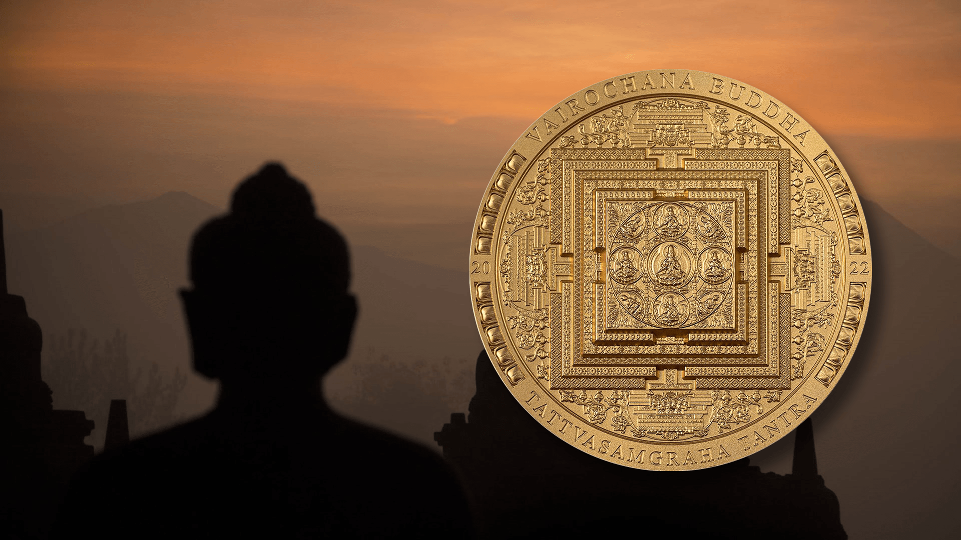 VAIROCHANA BUDDHA MANDALA Archeology Symbolism Gilded 3 Oz Silver Coin 2000 Togrog Mongolia 2022 - PARTHAVA COIN