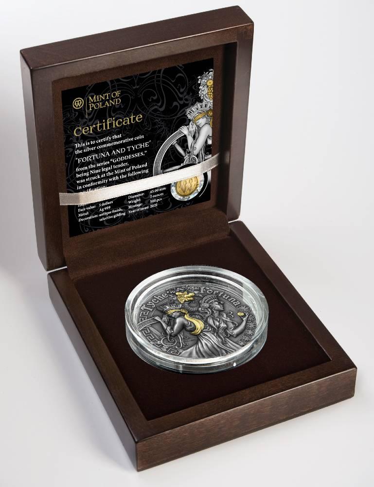 FORTUNA AND TYCHE Goddesses 2 Oz Silver Coin 5$ Niue 2021 - PARTHAVA COIN